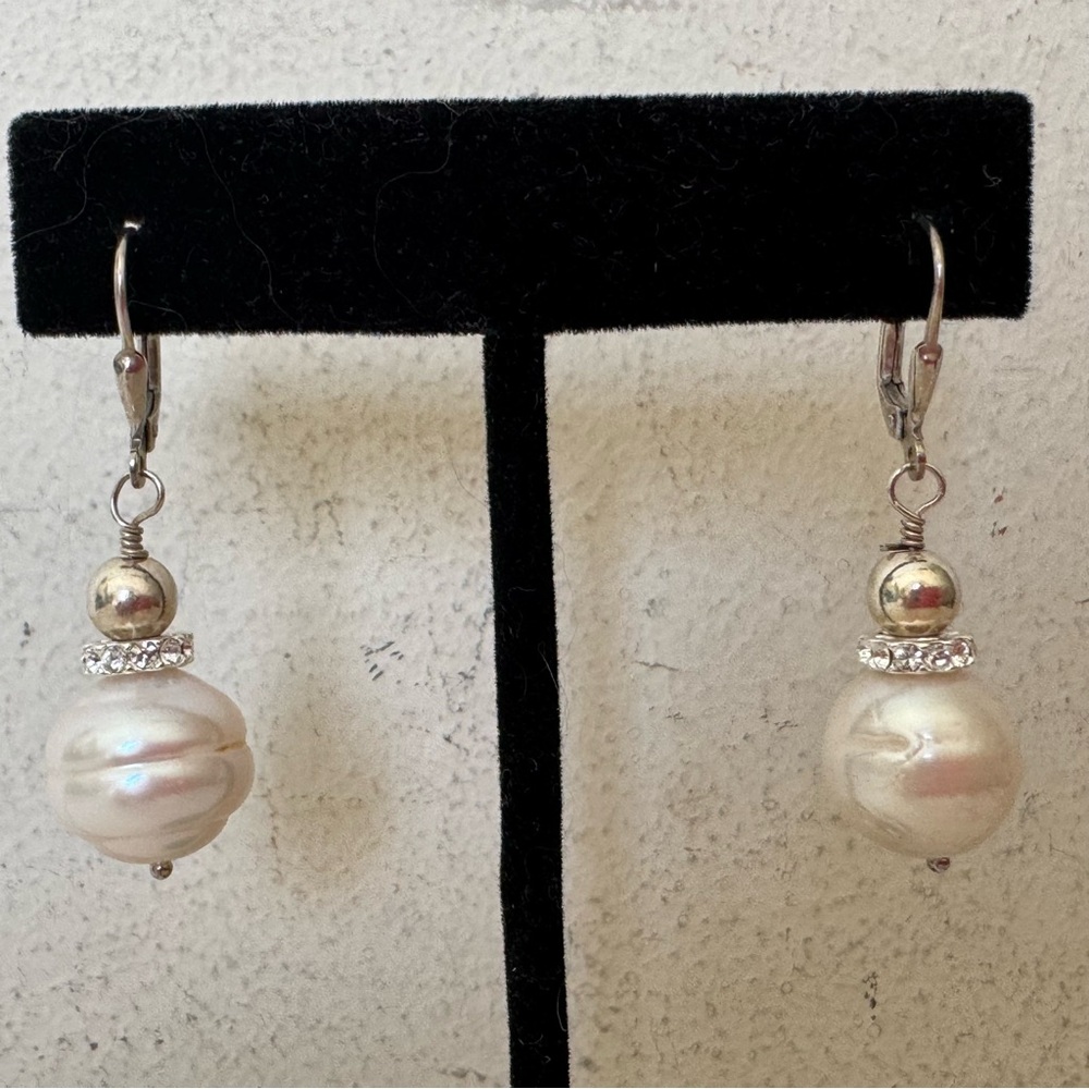 925 Sterling Silver Baroque Pearl Diamond Crystal Drop Earrings NEW - Picture 4 of 12